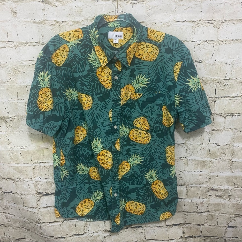 Sonoma Green All Over Pineapple Print Jungle Casual Button Up Shirt